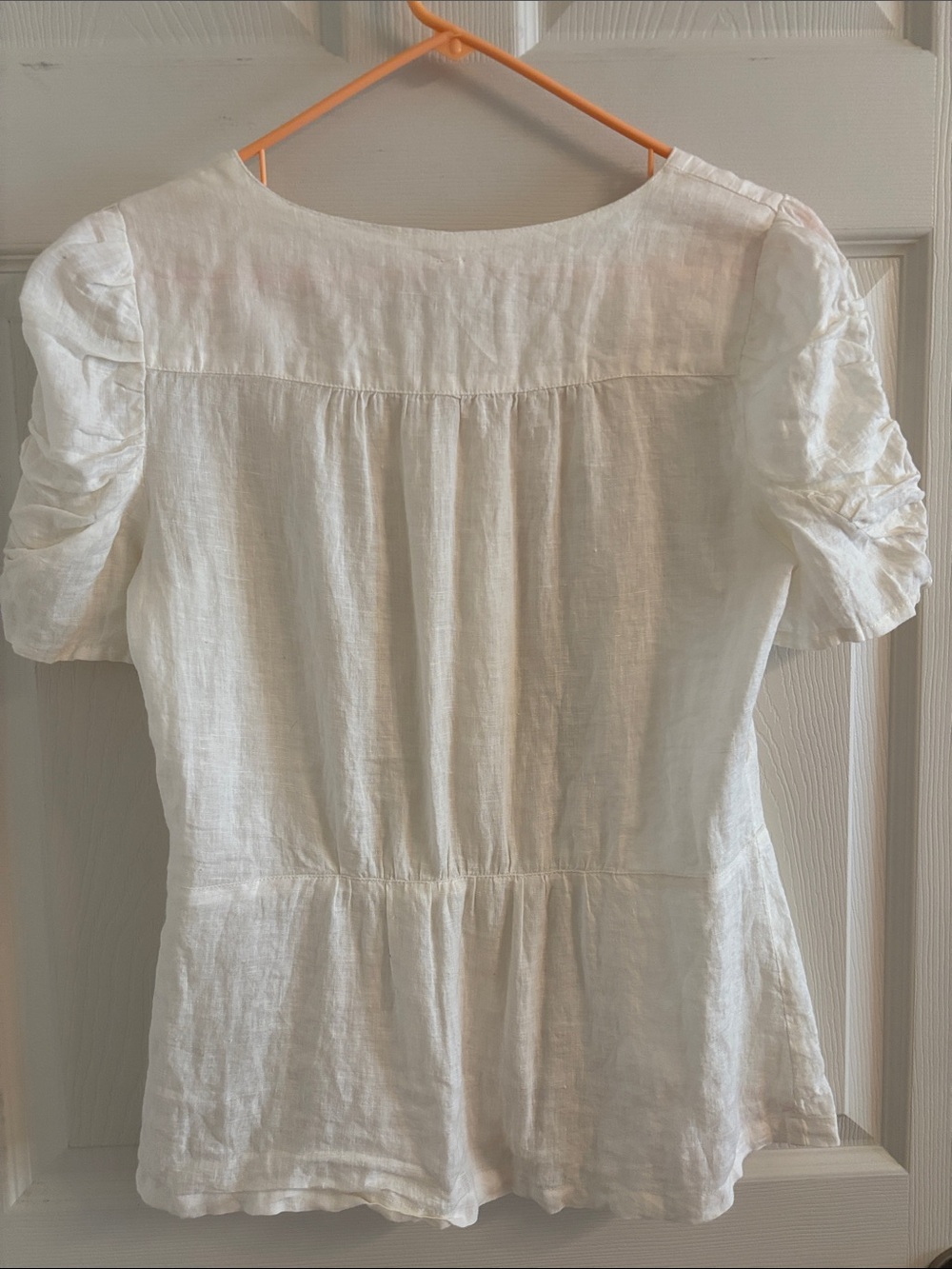 Meadow Rue Linen White Button-Front Short Sleeve Peplum Blouse - Picture 5 of 6